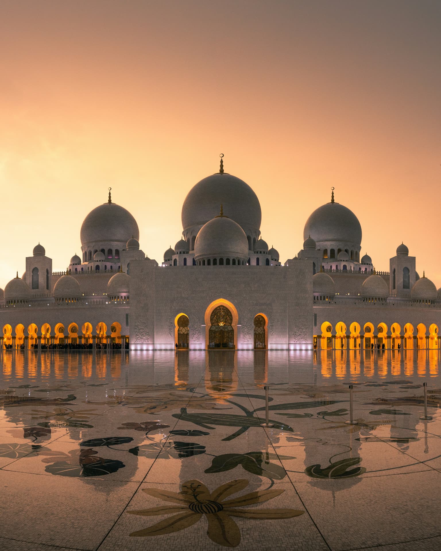 Grand Mosque courtyard at golden sunset